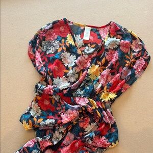 Time and Tru Red Blue Wrap Cap Sleeve Swim Coverup